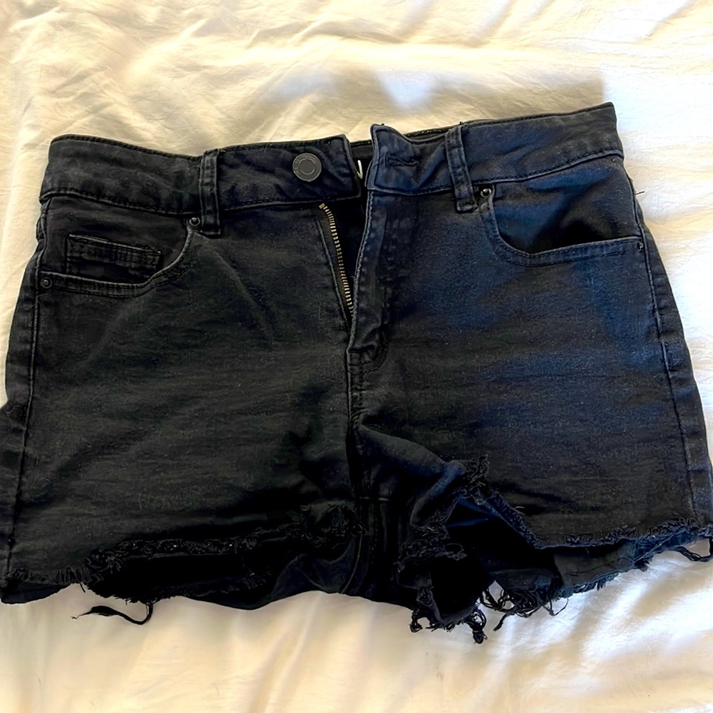 Black Jean Shorts, raw hem, London, low rise, size 9